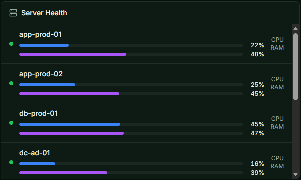 Server health widget showing CPU and RAM usage across production servers